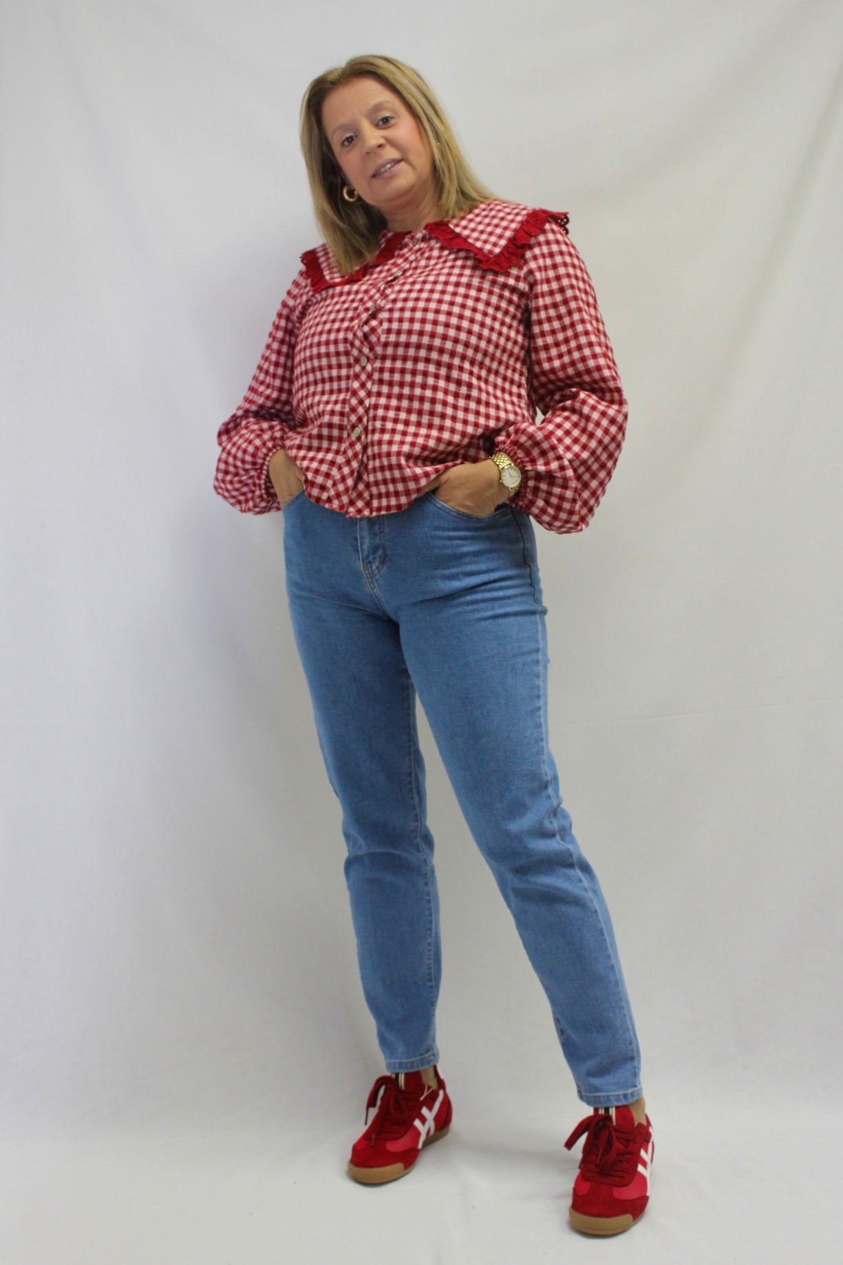 Blusa Xadrez com Renda na Gola