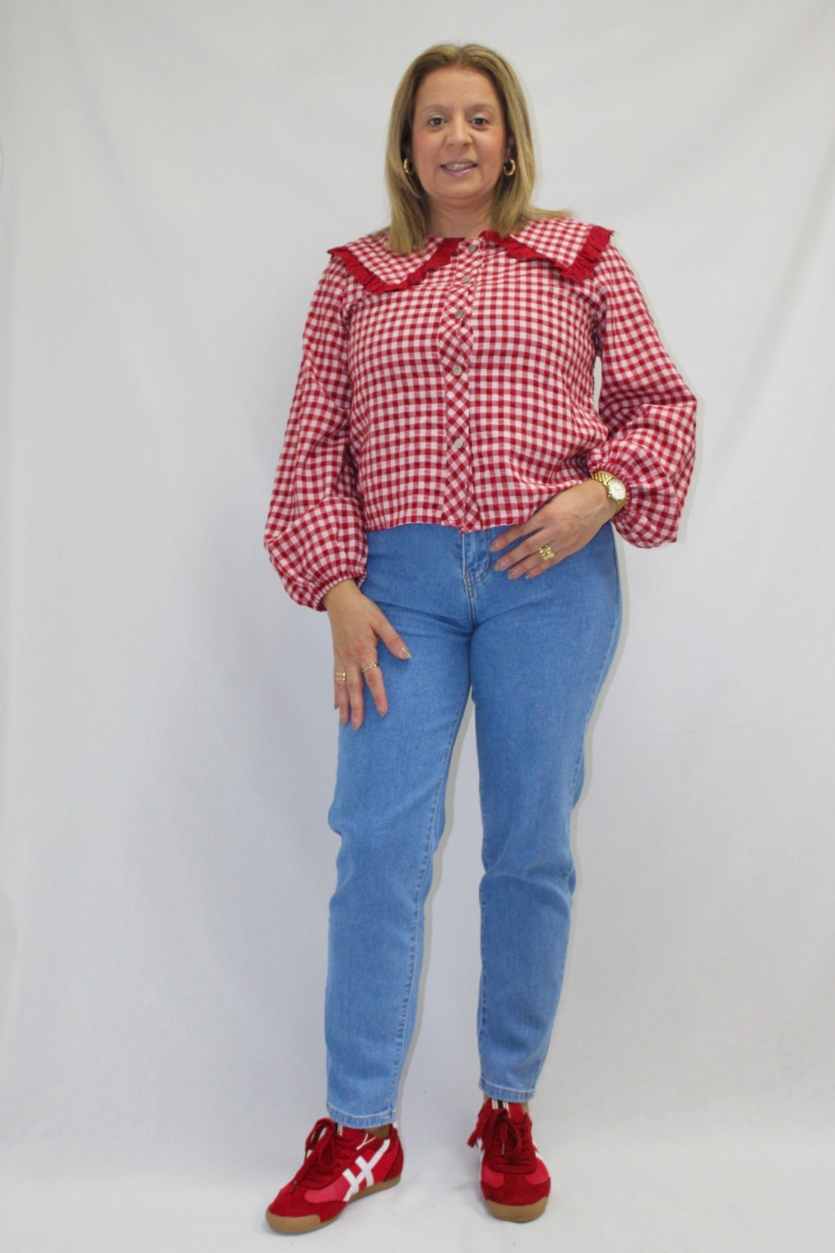 Blusa Xadrez com Renda na Gola