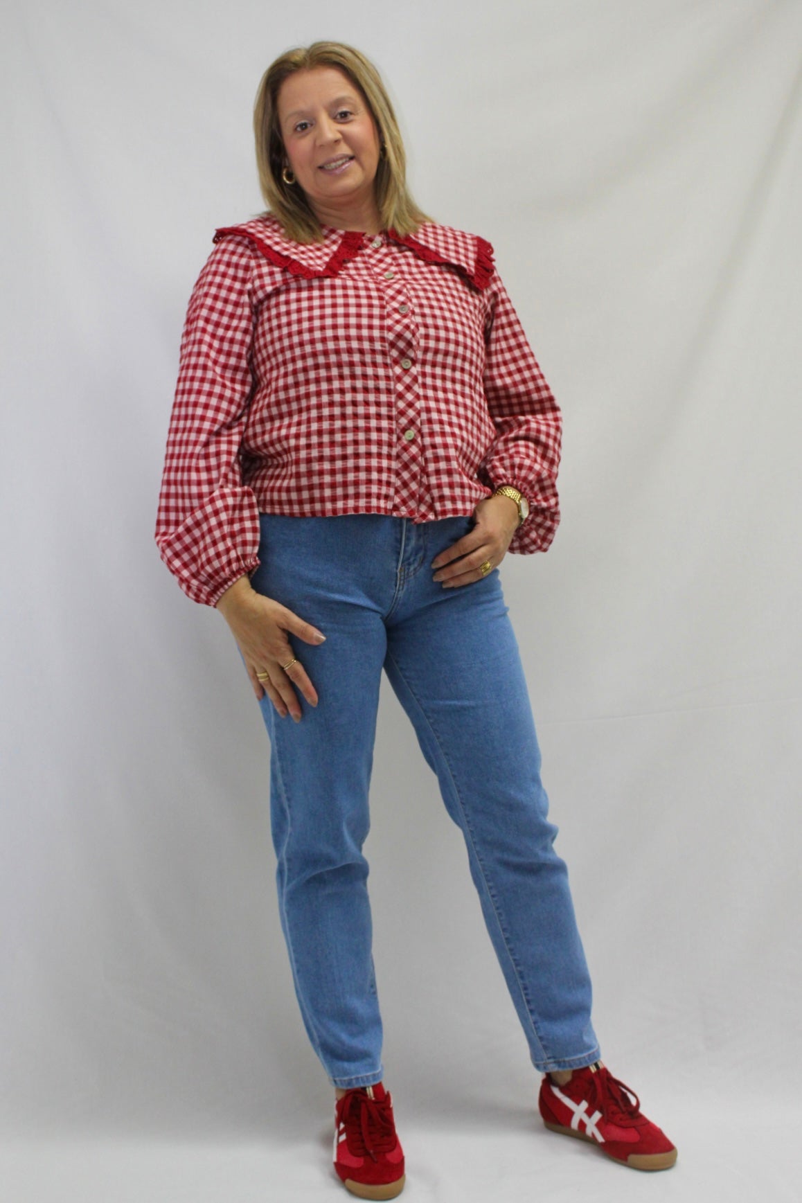 Blusa Xadrez com Renda na Gola