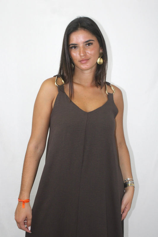 Vestido Comprido com Detalhe Dourado