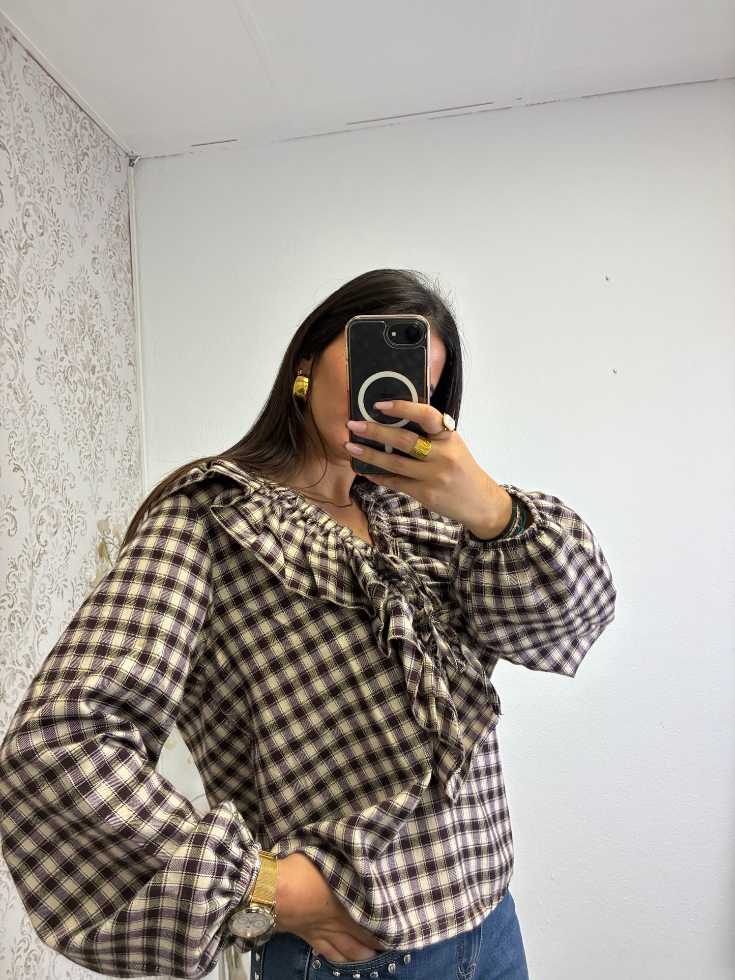 Blusa em Xadrez com Folhos