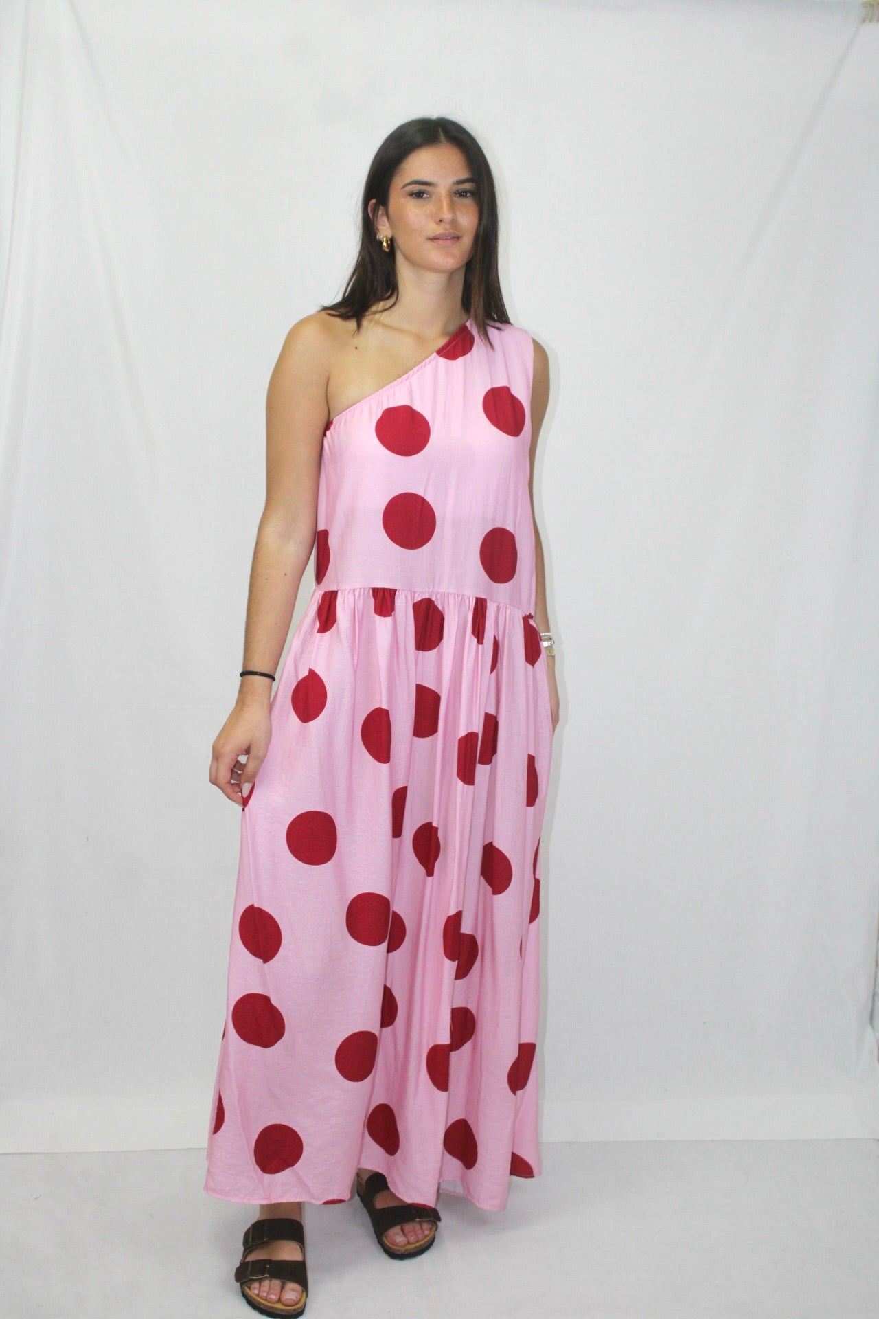 Vestido Polka Dot com Ombro Descoberto