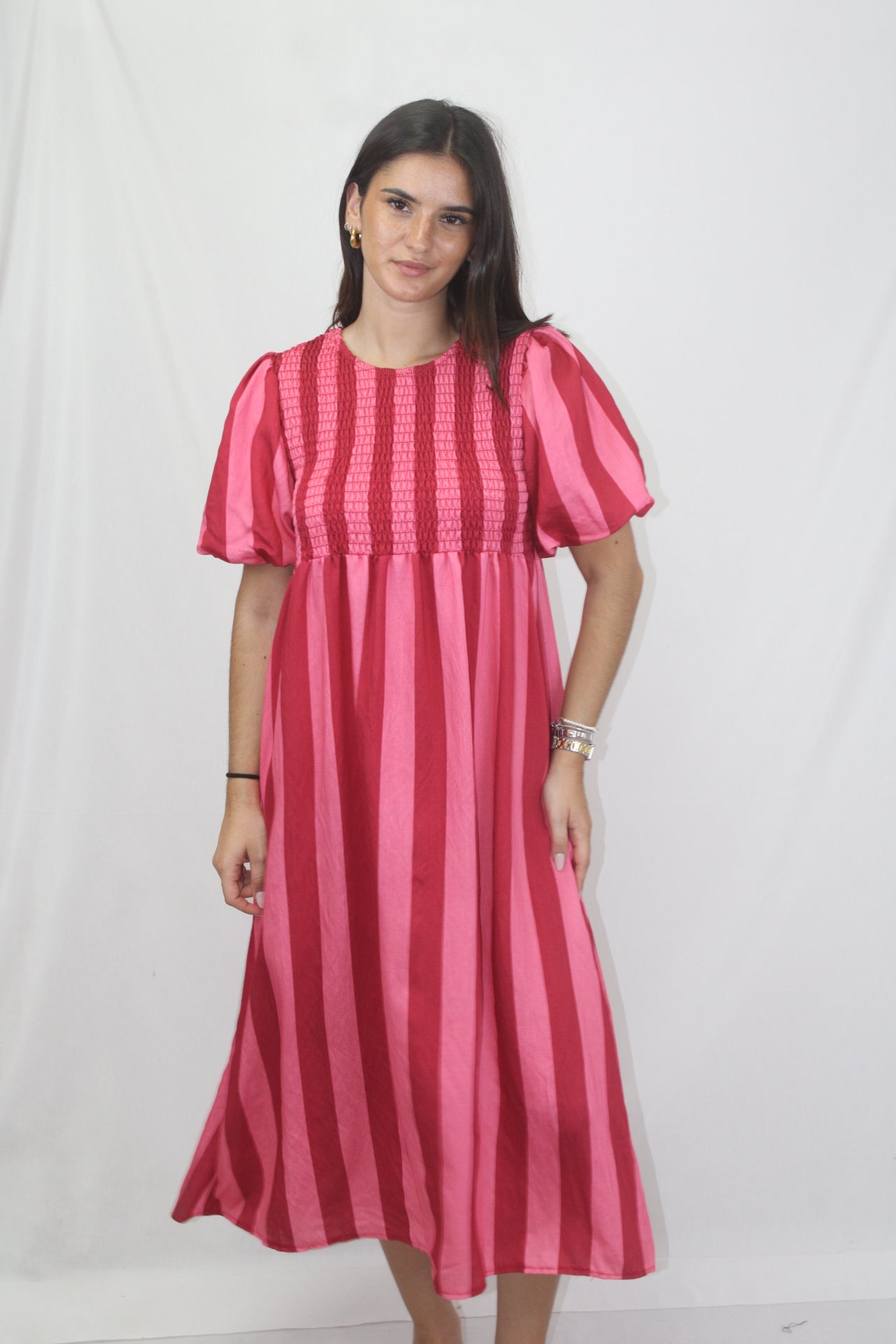 Vestido Riscas com Manga Balão
