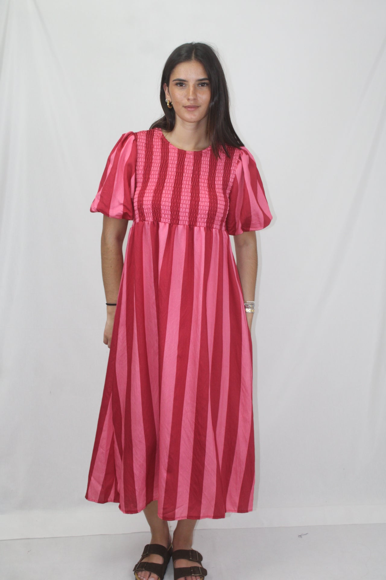 Vestido Riscas com Manga Balão