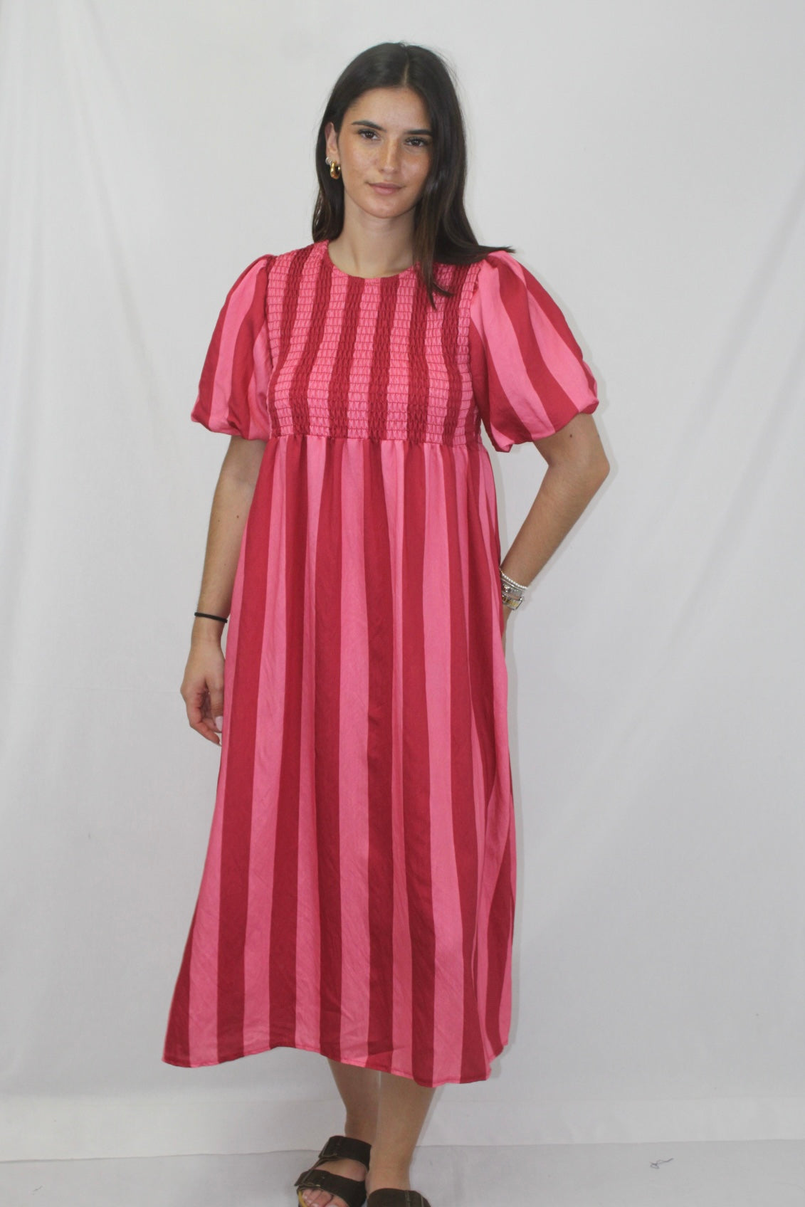 Vestido Riscas com Manga Balão