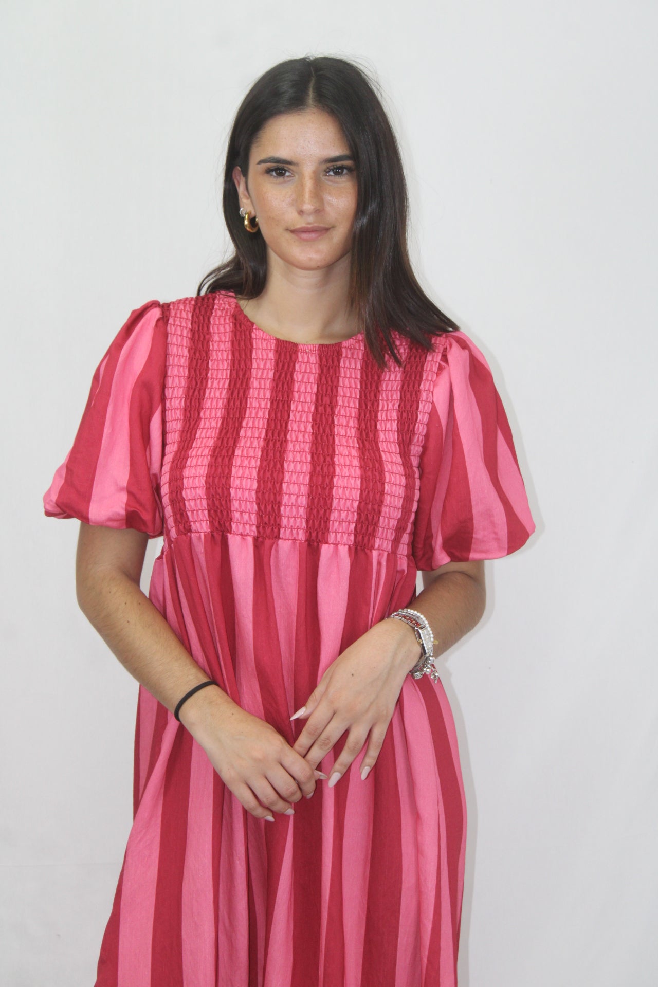 Vestido Riscas com Manga Balão