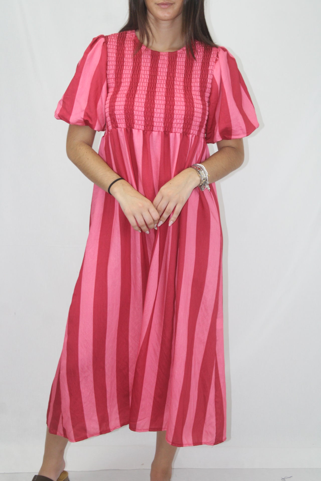 Vestido Riscas com Manga Balão