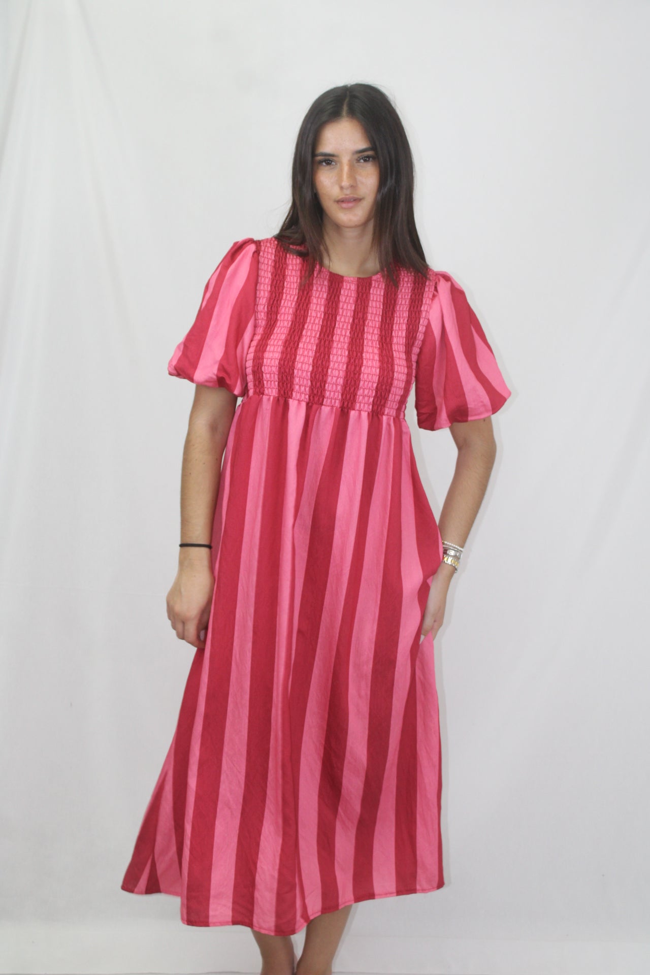 Vestido Riscas com Manga Balão
