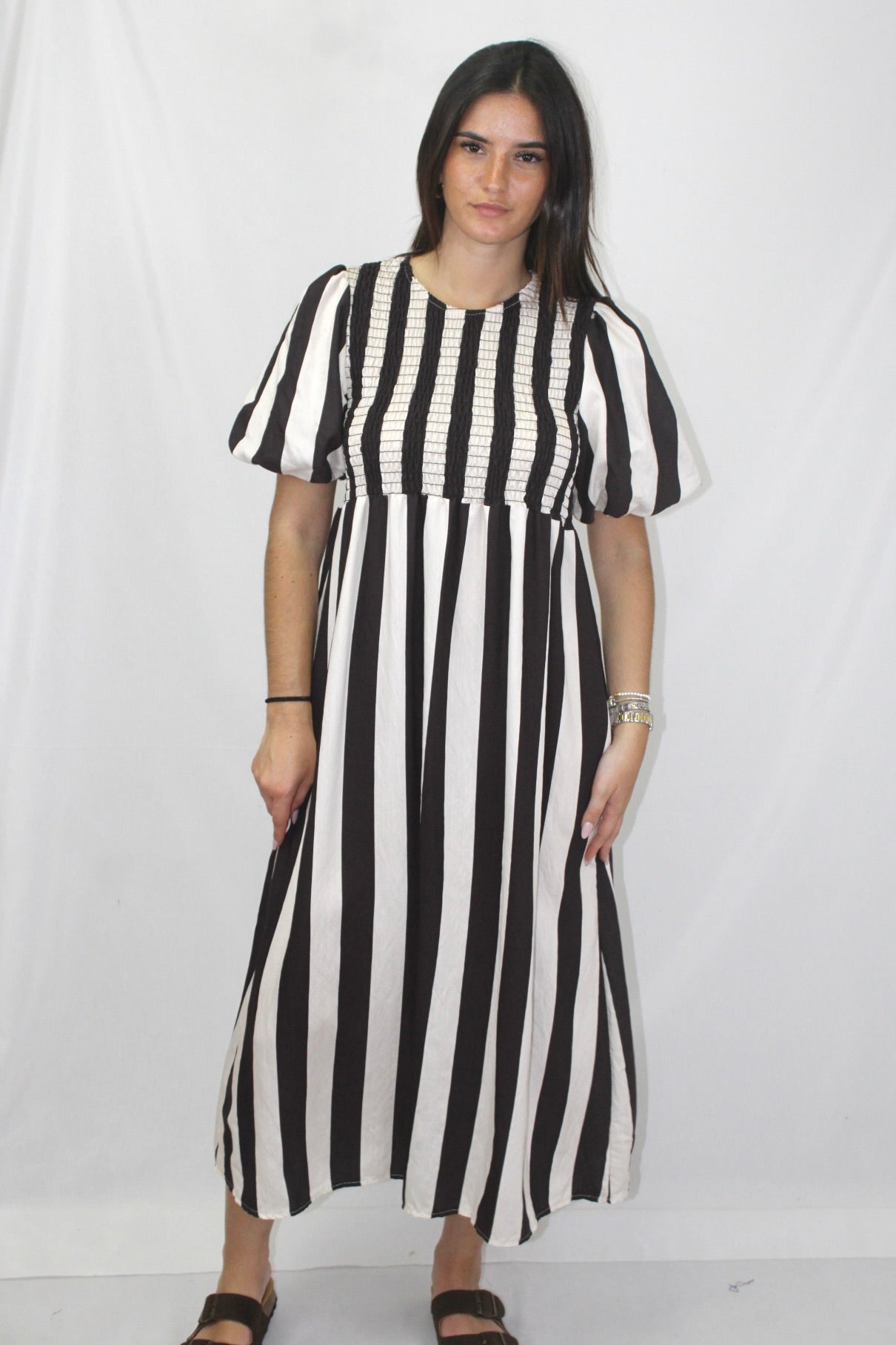 Vestido Riscas com Manga Balão