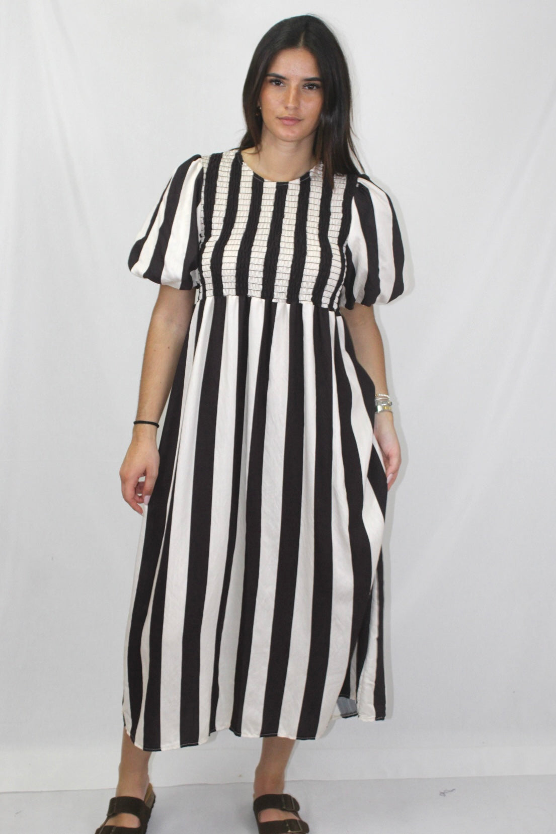 Vestido Riscas com Manga Balão