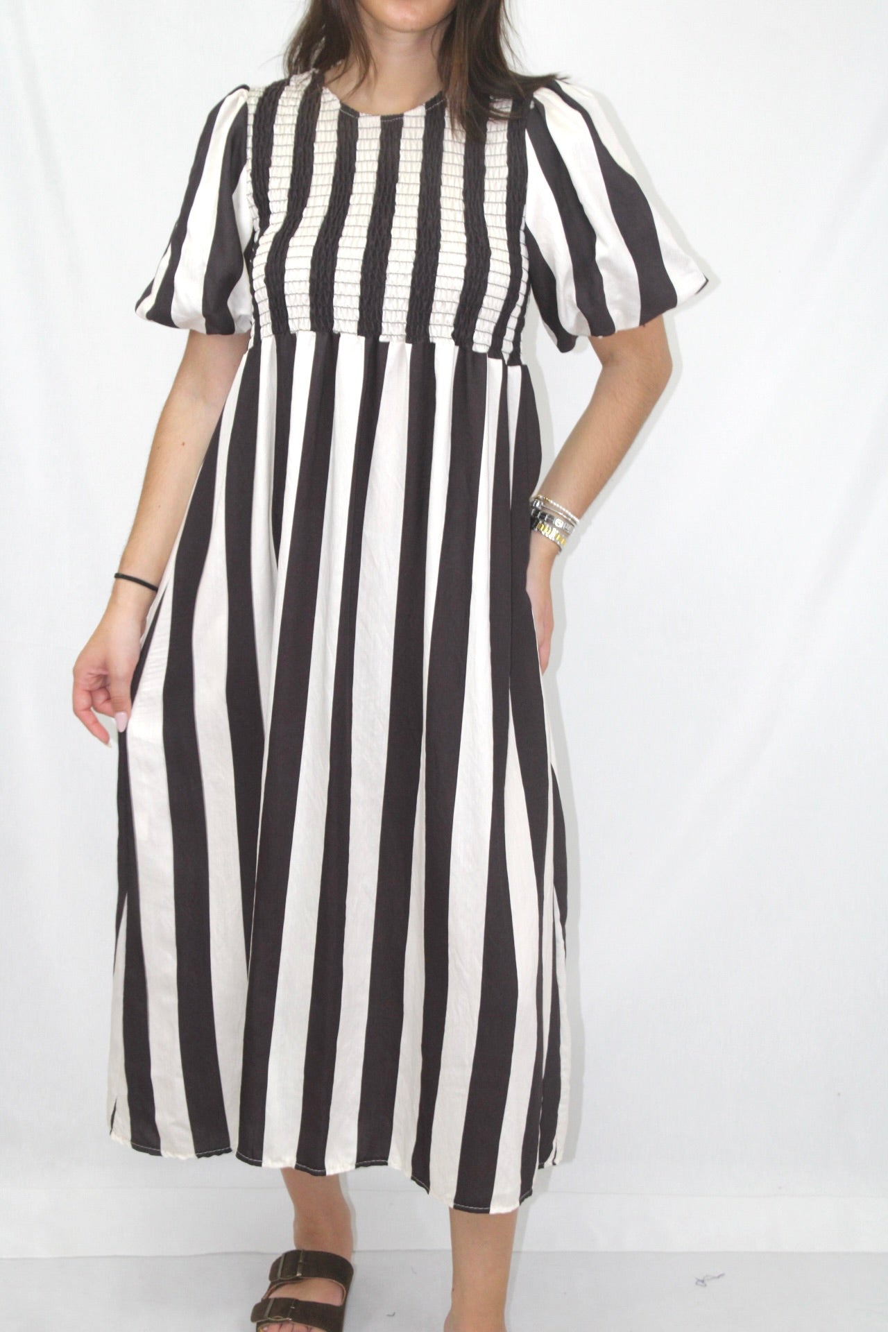 Vestido Riscas com Manga Balão