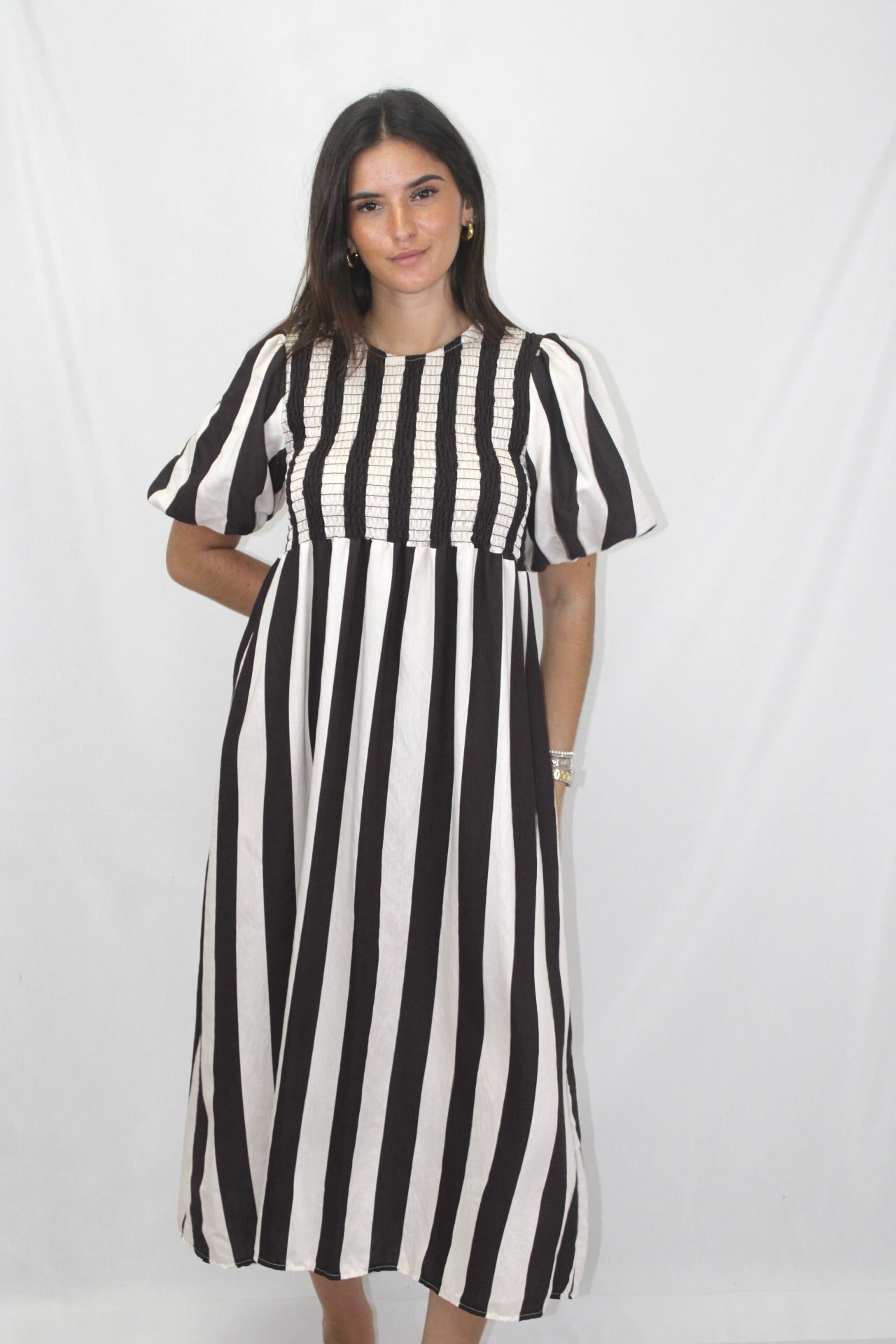 Vestido Riscas com Manga Balão