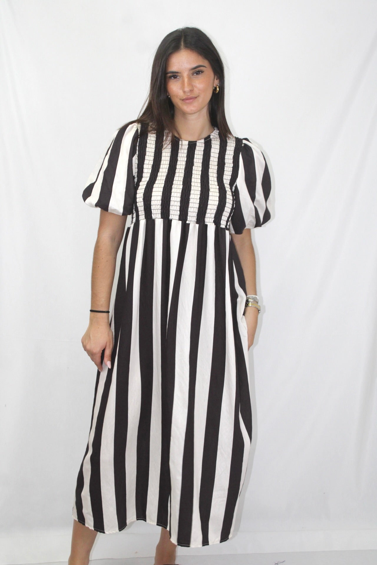 Vestido Riscas com Manga Balão