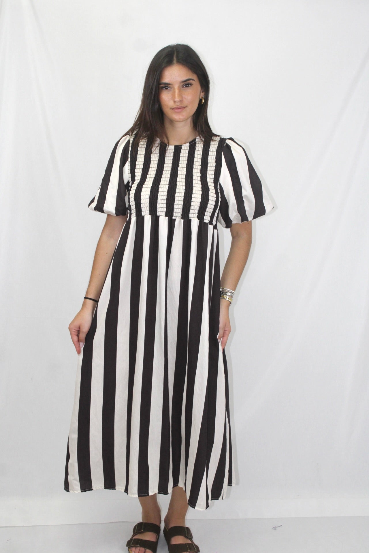 Vestido Riscas com Manga Balão