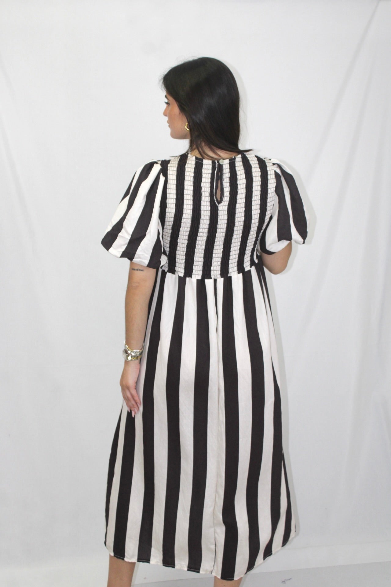 Vestido Riscas com Manga Balão