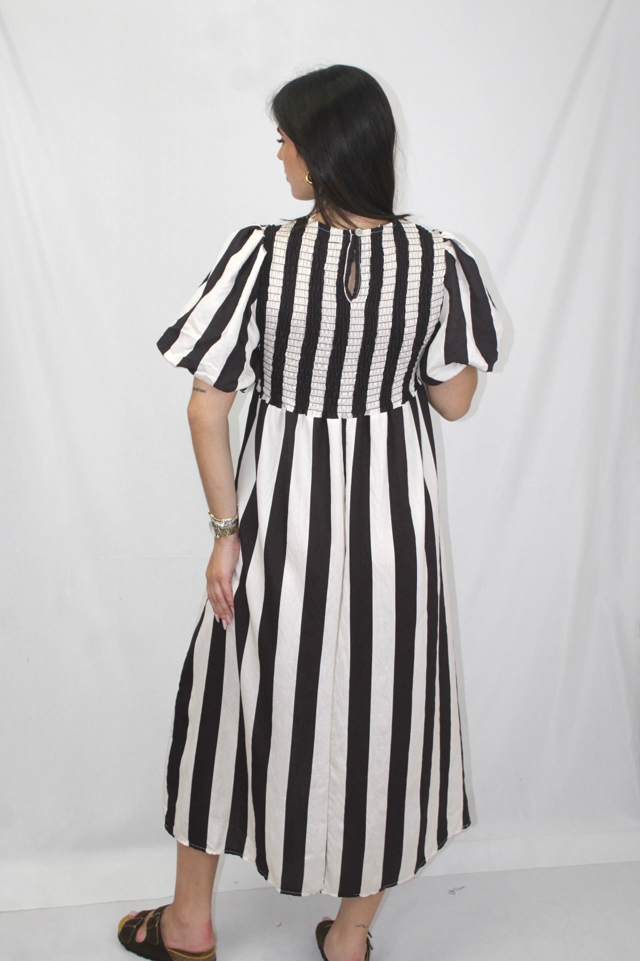 Vestido Riscas com Manga Balão