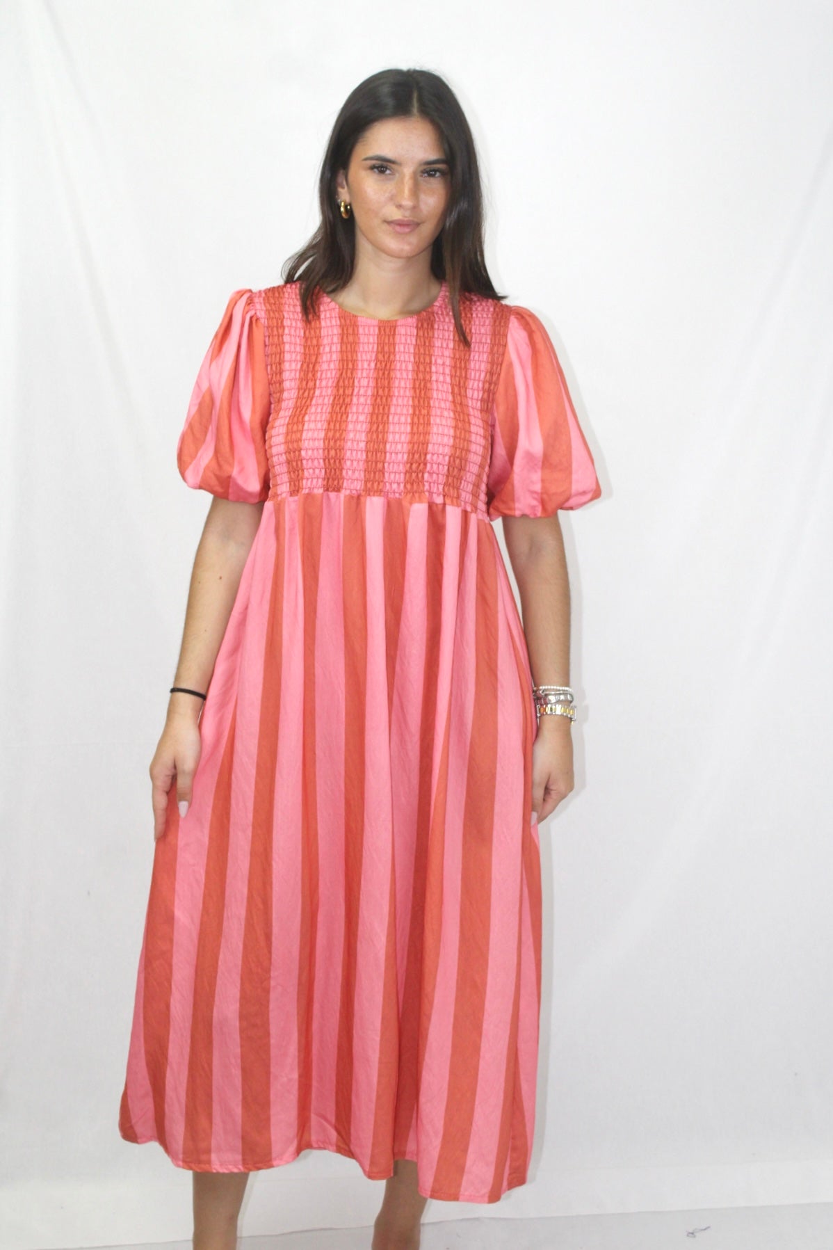 Vestido Riscas com Manga Balão