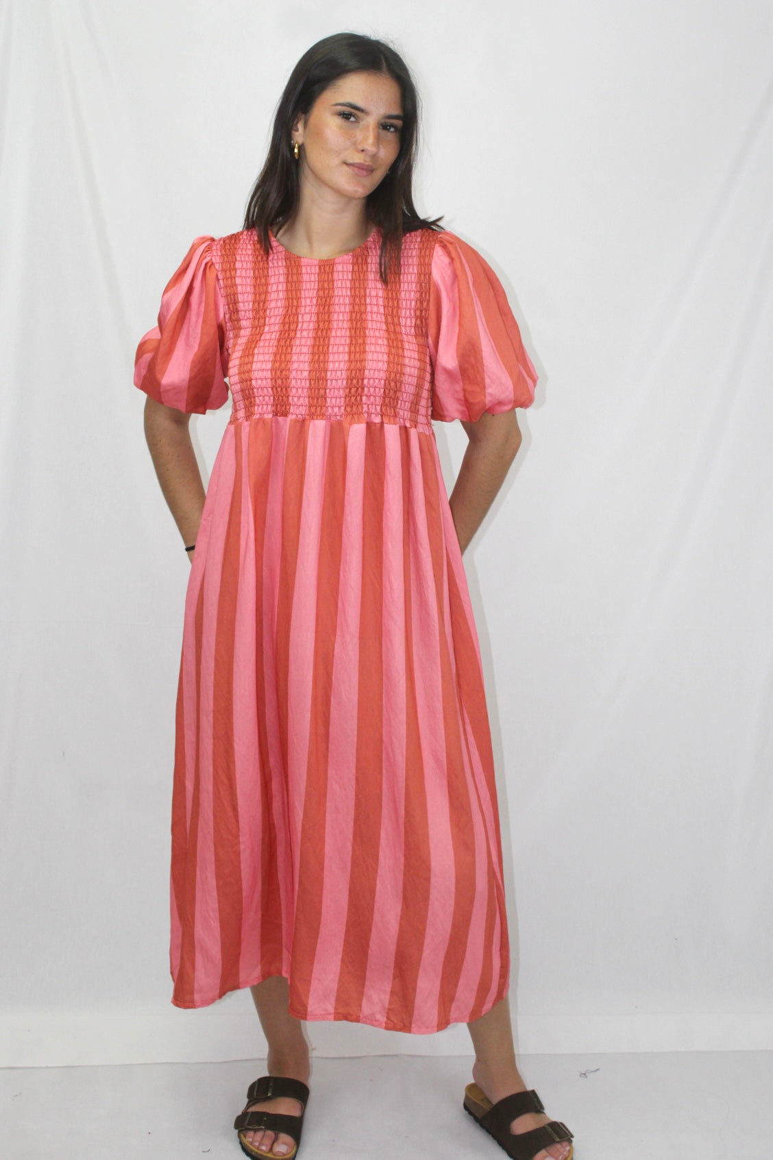 Vestido Riscas com Manga Balão