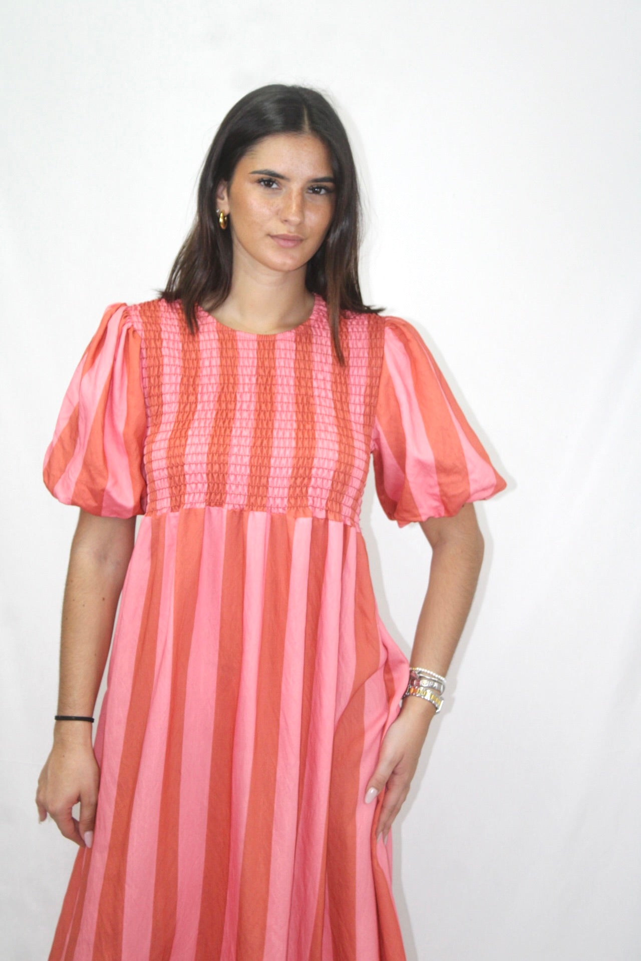Vestido Riscas com Manga Balão