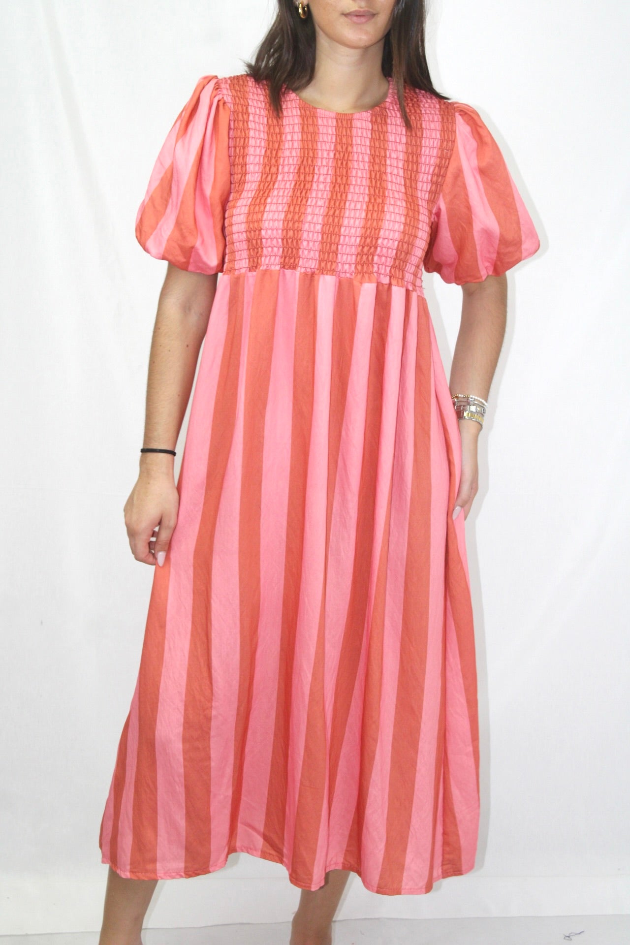 Vestido Riscas com Manga Balão